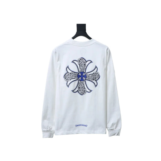 Chrome Hearts Blue Horseshoe Cross Long Sleeve T-Shirt White