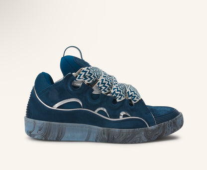 Leather Curb Sneakers With Marbled Sole Blue/Silver