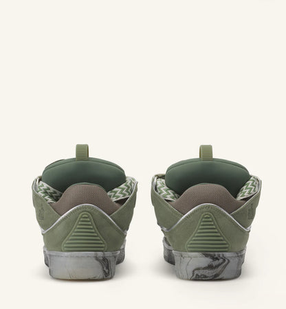 Leather Curb Sneakers With Marbled Sole Green/Silver