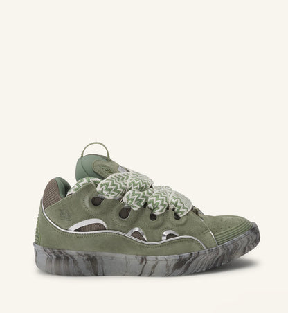 Leather Curb Sneakers With Marbled Sole Green/Silver