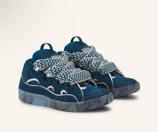 Leather Curb Sneakers With Marbled Sole Blue/Silver