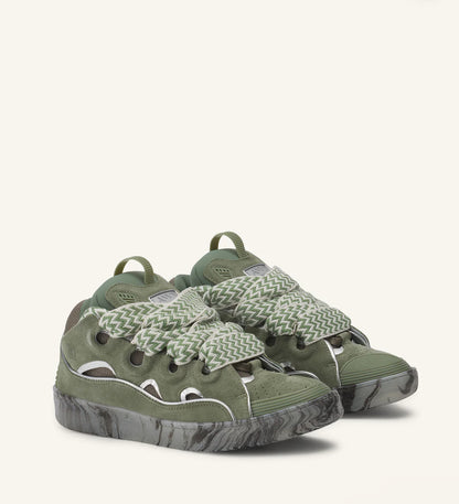 Leather Curb Sneakers With Marbled Sole Green/Silver
