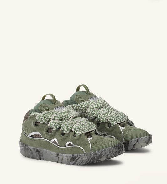 Leather Curb Sneakers With Marbled Sole Green/Silver