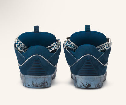 Leather Curb Sneakers With Marbled Sole Blue/Silver