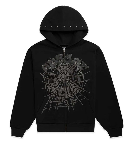 SP5DER OG WEB STUDDED ZIP HOODIE BLACK